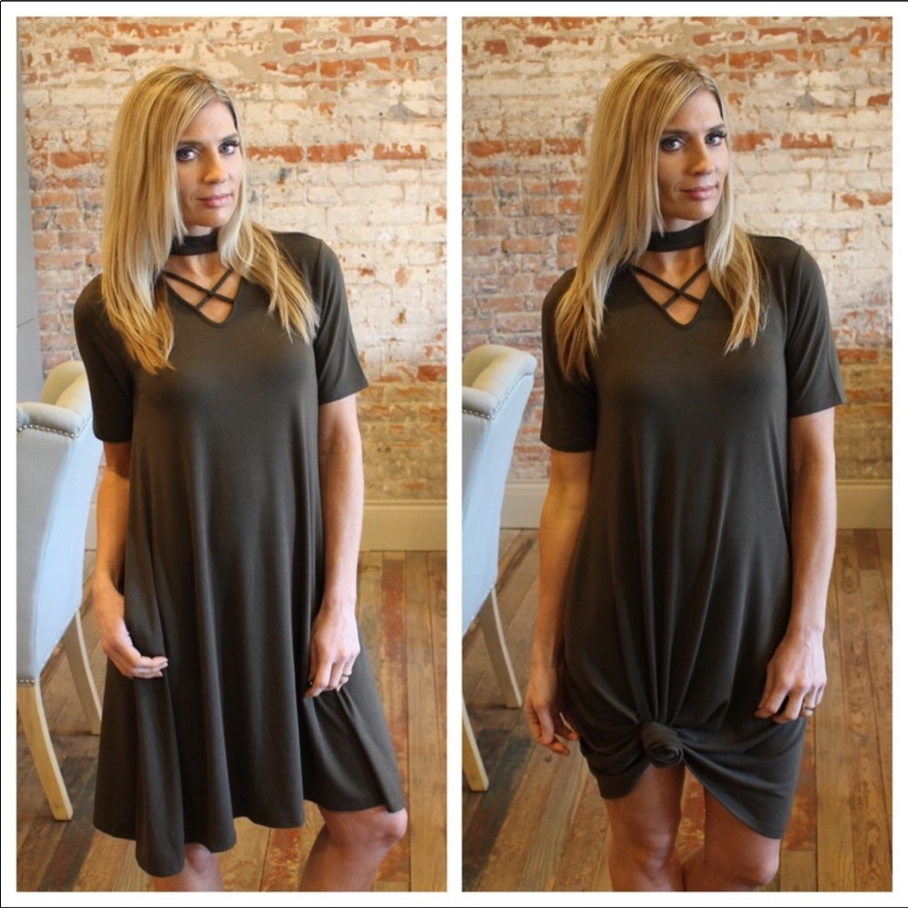 Olive Green Choker Neck Short Sleeve Dress Medium